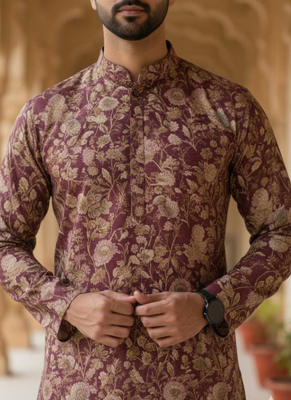 Men's Maroon Floral Print Kurta Set