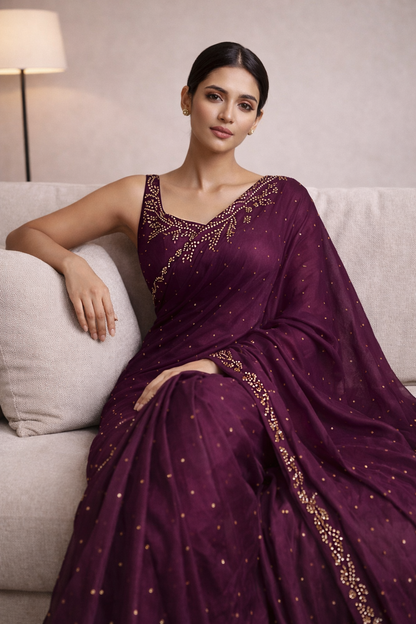 Wine Hand-Embellished Saree Set