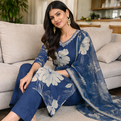 Dark Blue Floral Print Suit Set with Dupatta