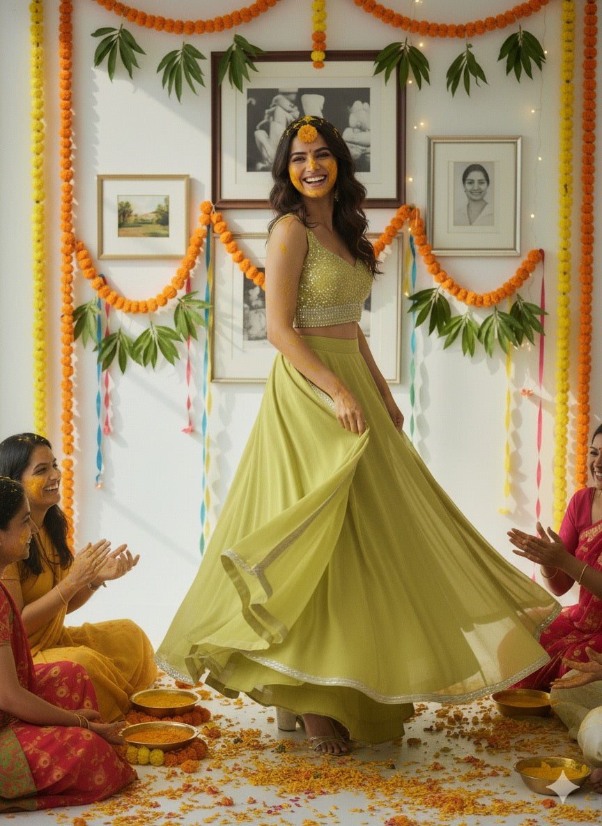 Chic Lime Green Palazzo Set with Embroidered Crop Top &amp; Dupatta