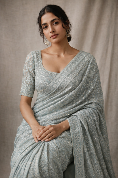 Powder Blue Hand-Embroidered Saree