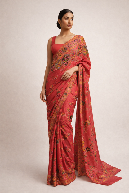 Crimson Red Embroidered Saree