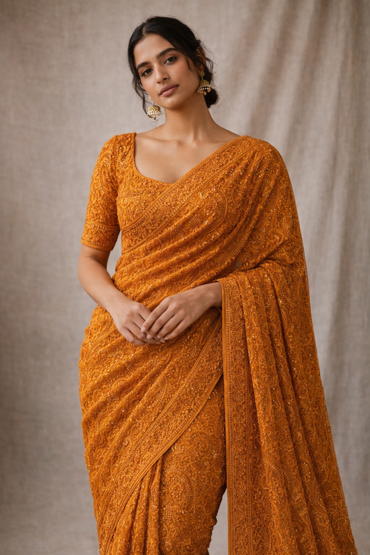 Mustard Hand-Embroidered Saree