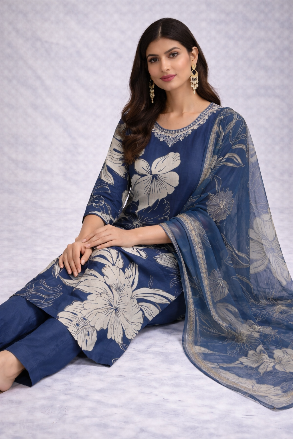 Dark Blue Floral Print Suit Set with Dupatta