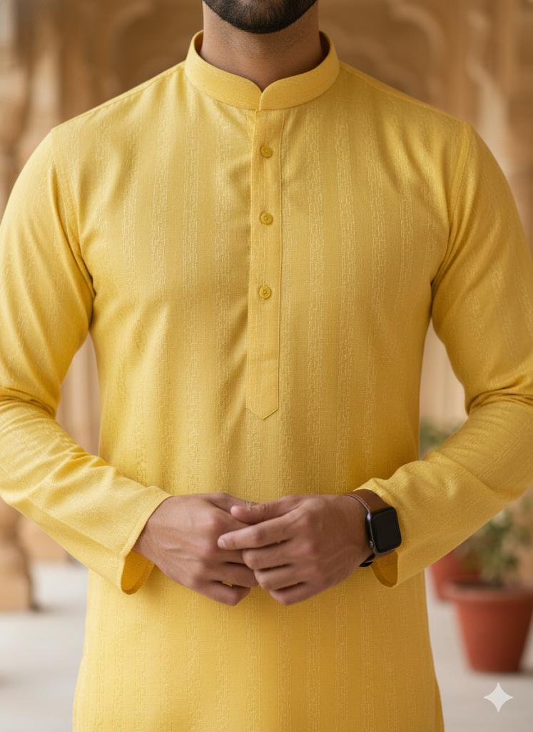 "Golden Aura" Textured Yellow Kurta with White Churidar Set
