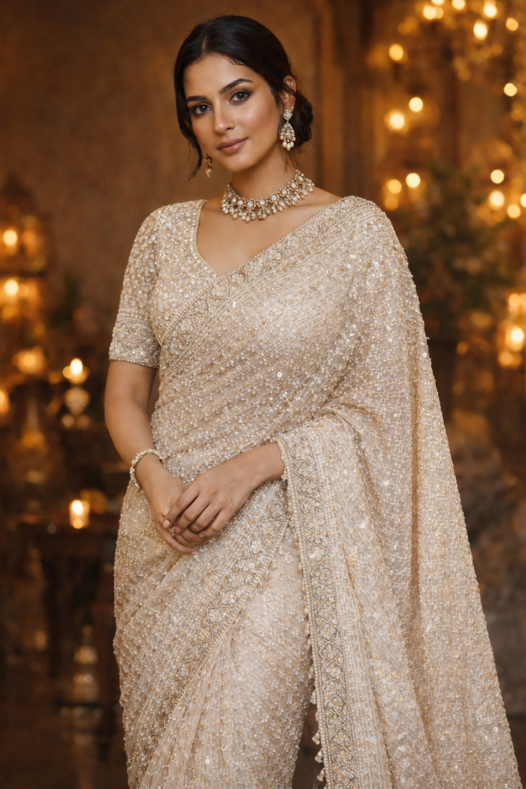 Ivory Hand-Embellished Net Saree