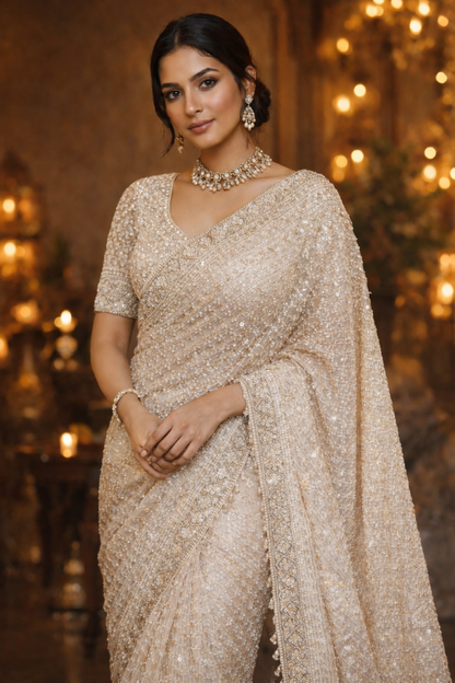 Ivory Hand-Embellished Net Saree