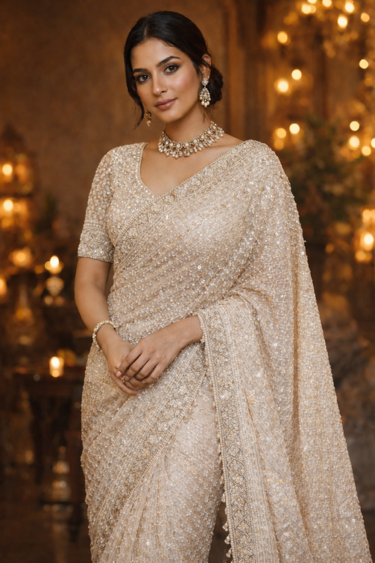 Ivory Hand-Embellished Net Saree