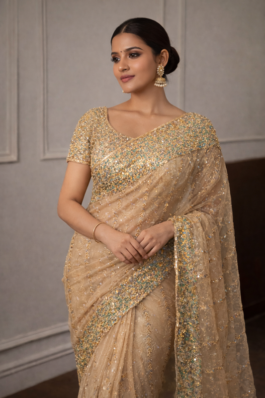 Champagne Sequin Embellished Net Saree