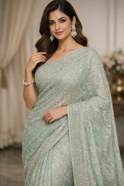 Mint Pearl Embroidered Net Saree