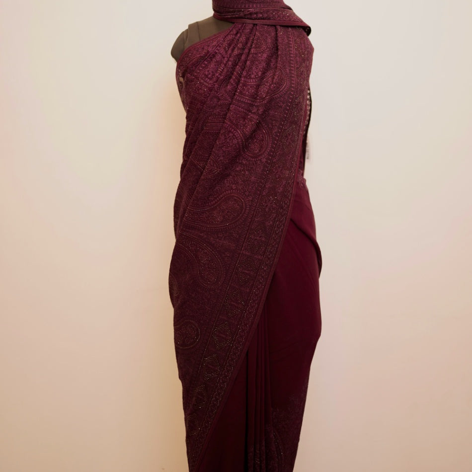 Wine Kashmiri Threadwork Georgette Designer Saree