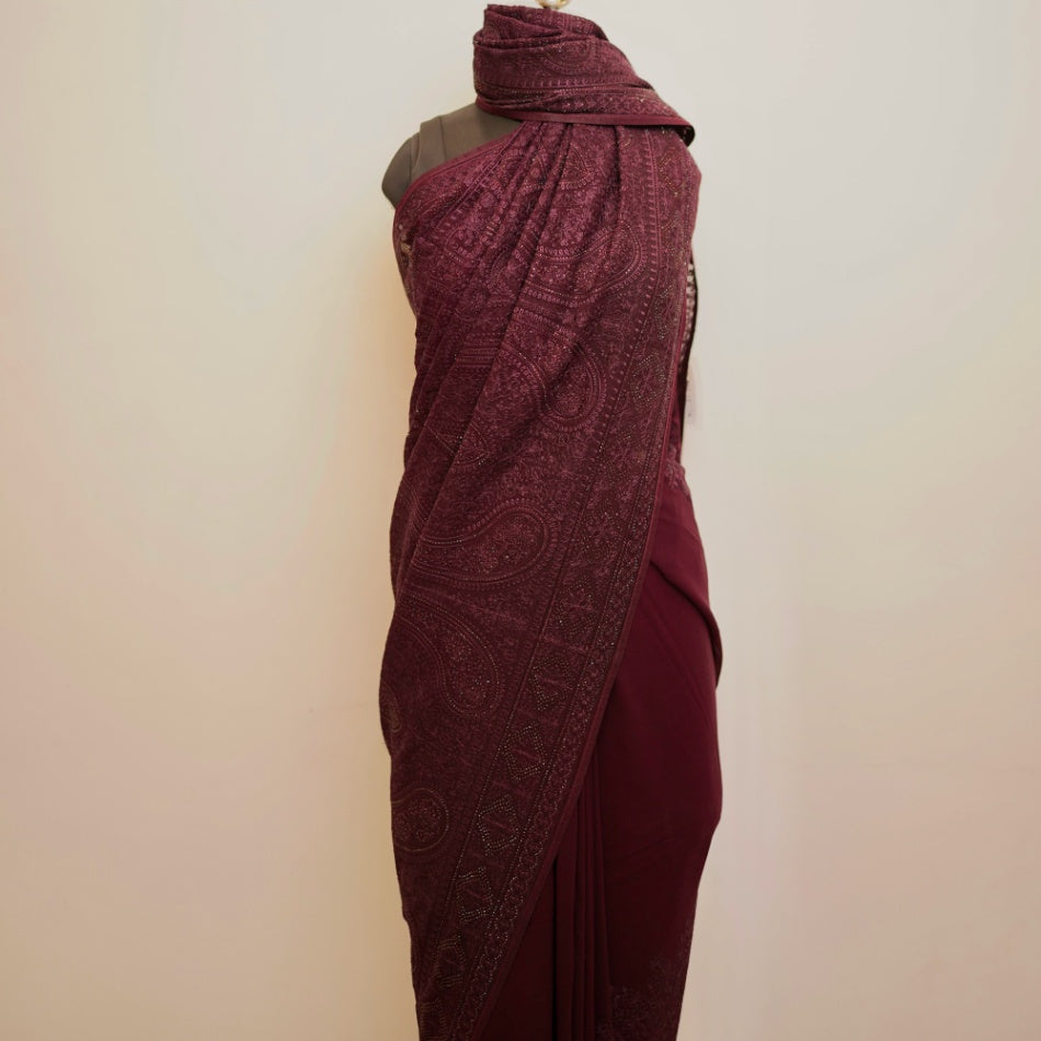 Wine Kashmiri Threadwork Georgette Designer Saree