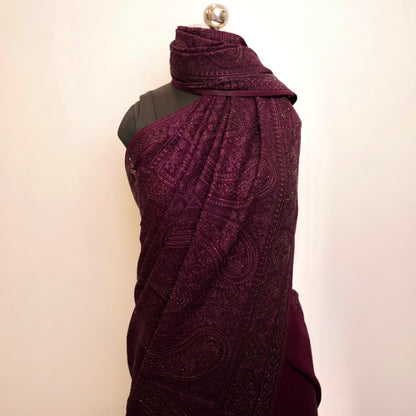 Wine Kashmiri Threadwork Georgette Designer Saree