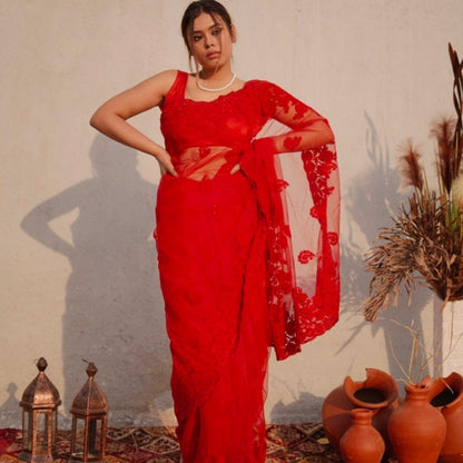 Red Threadwork Net Saree