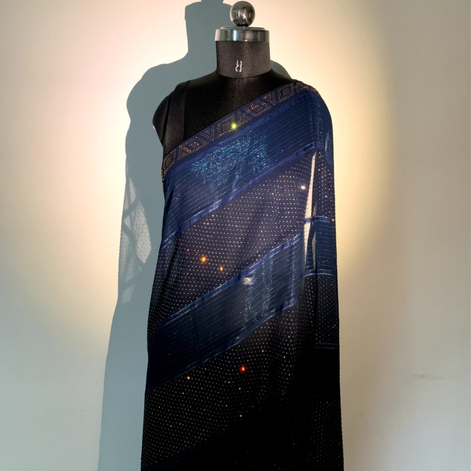 Navy Blue Sequins Georgette Designer Saree