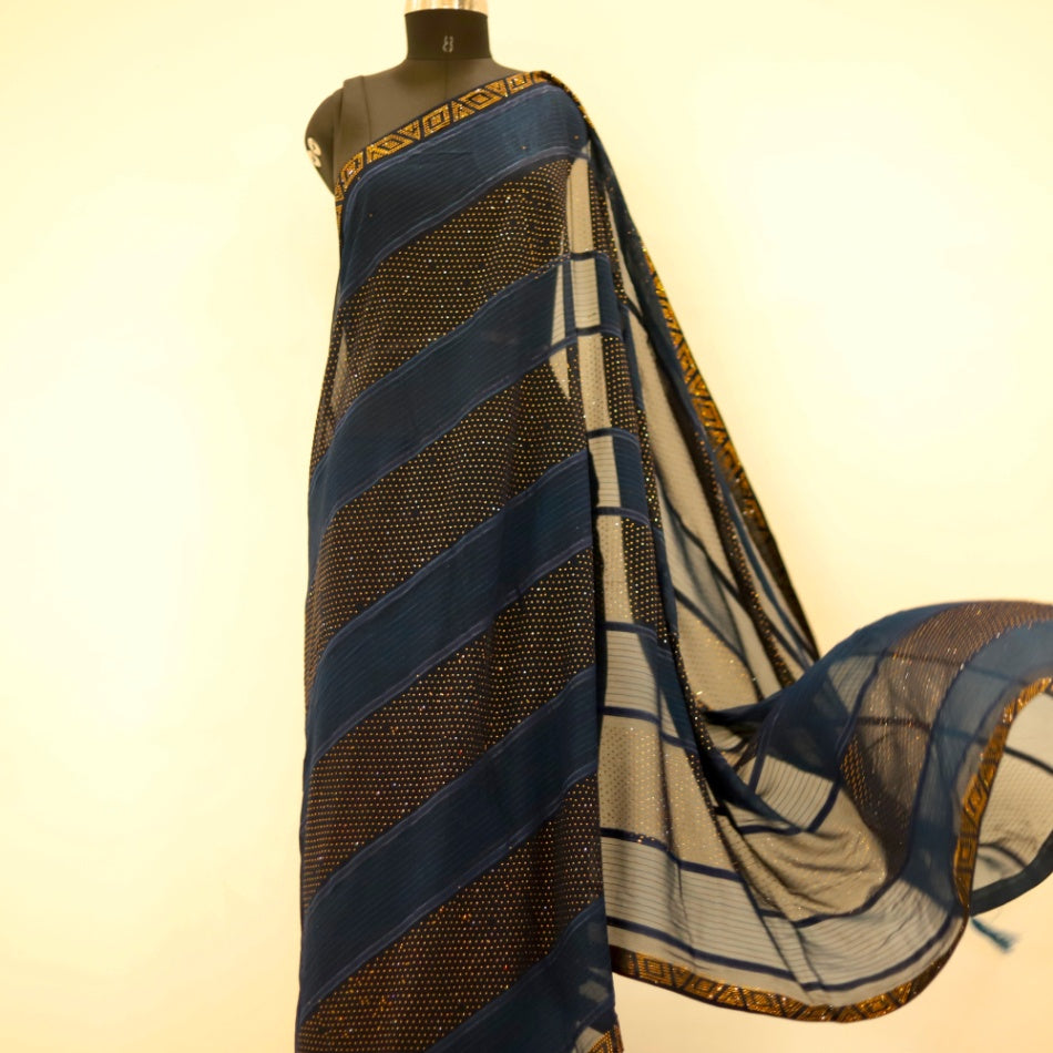 Navy Blue Sequins Georgette Designer Saree