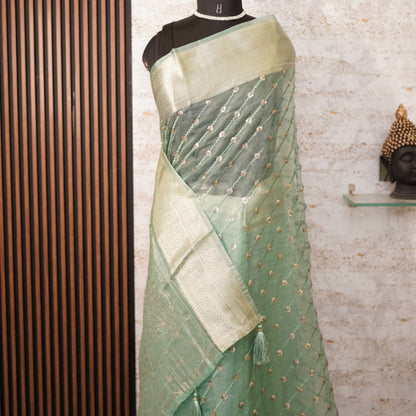 Pista Green Threadwork Net Designer Saree
