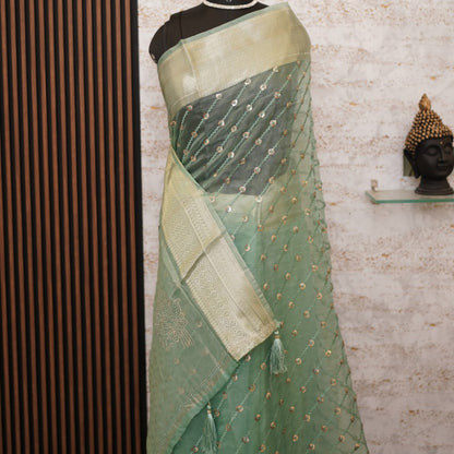 Pista Green Threadwork Net Designer Saree