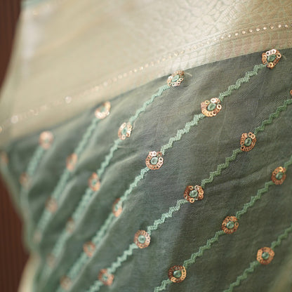Pista Green Threadwork Net Designer Saree