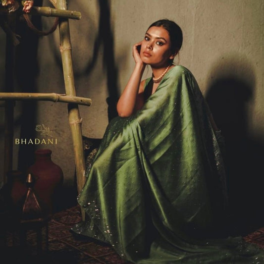 Leaf Green Stonework Satin Saree