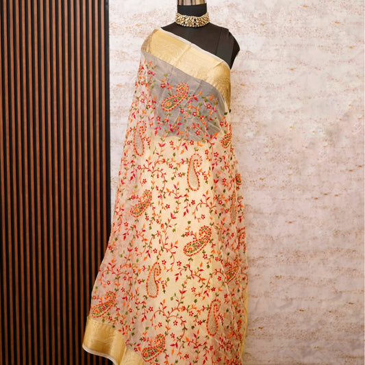 Cream Multicolor Threadwork Organza Designer Saree