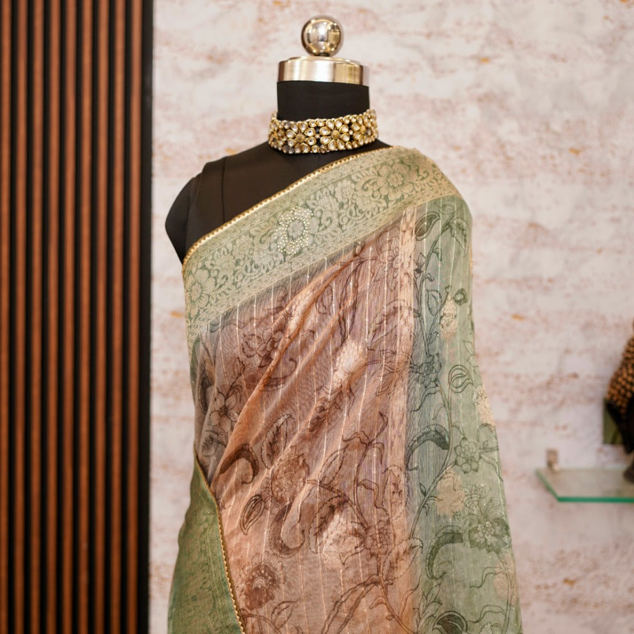 Digital organza Green saree with zari weaving work