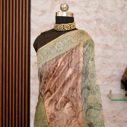 Digital organza Green saree with zari weaving work