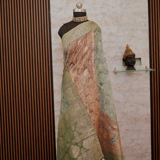 Digital organza Green saree with zari weaving work