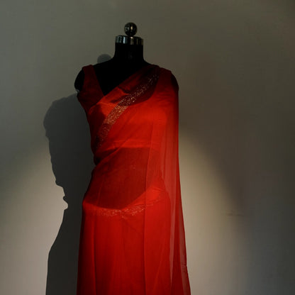 Red chiffon saree with resham embroidery