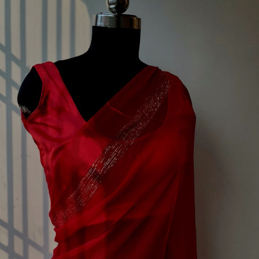 Red chiffon saree with resham embroidery