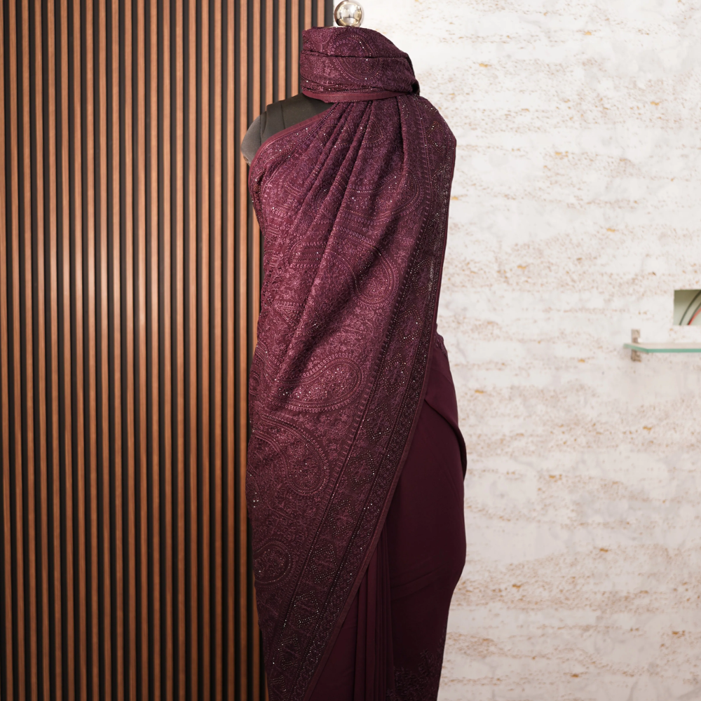 Wine Kashmiri Threadwork Georgette Designer Saree