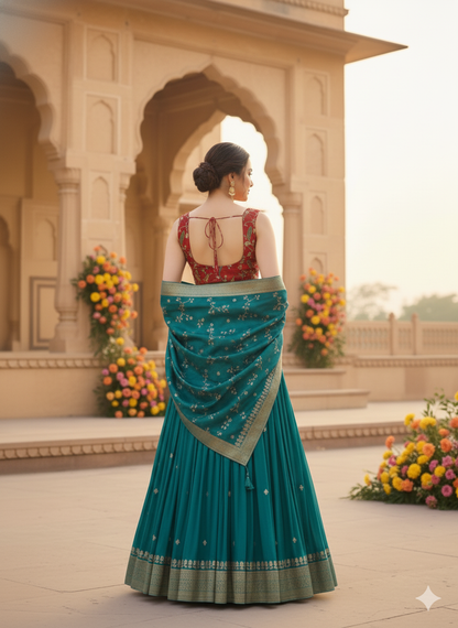 Red Hand-Embroidered Silk Blouse with Multicolour Threadwork