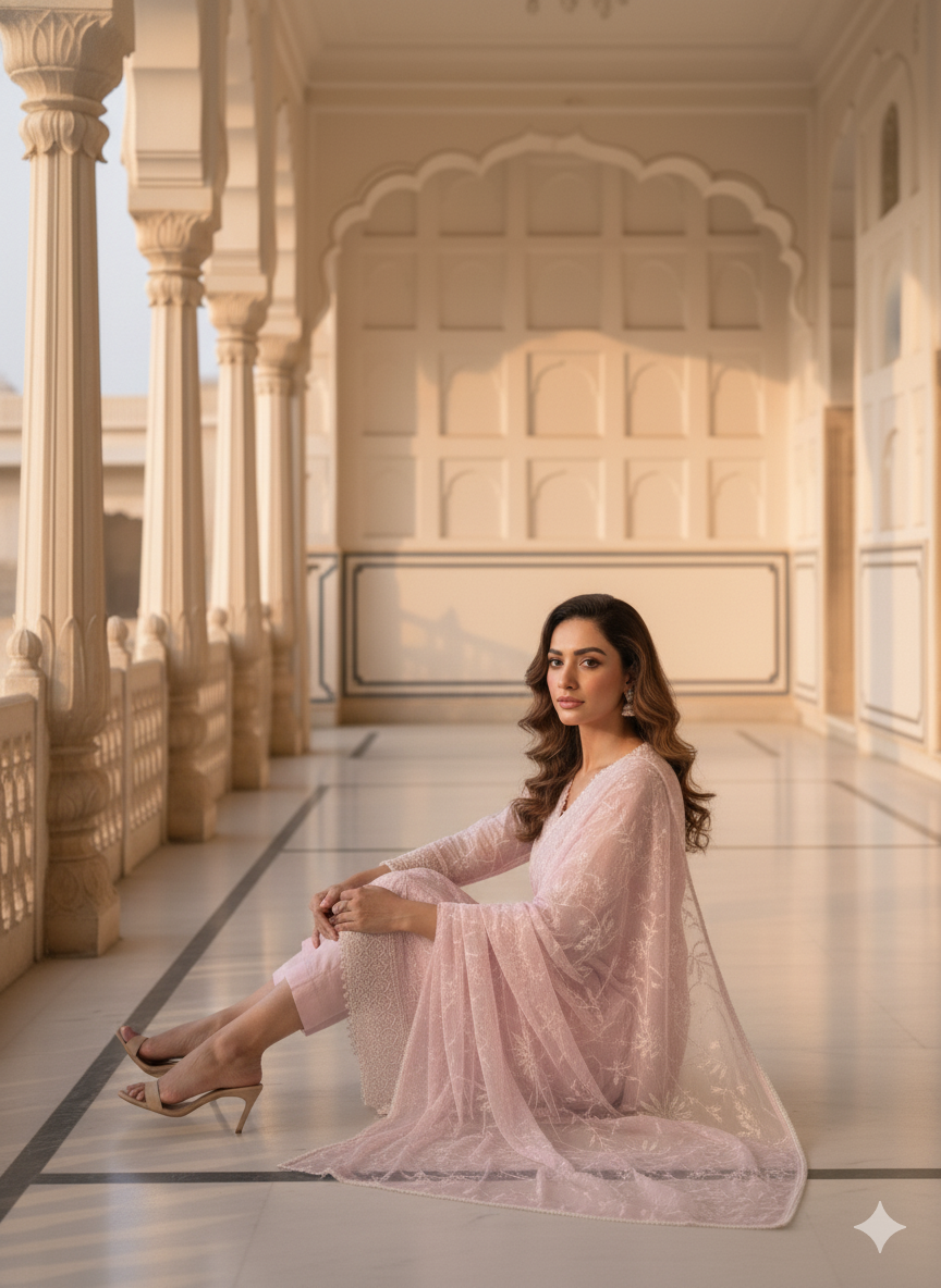 Blush Pink Threadwork Chanderi Kurta Set