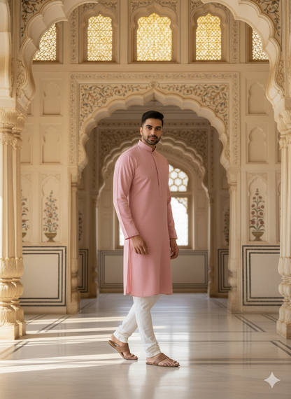 Men's Sophisticated Rose Pink Self-Design Kurta Set