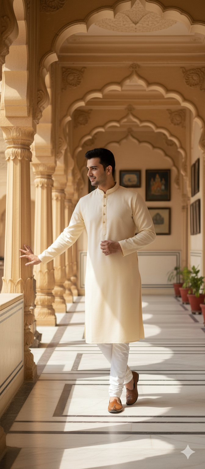 Men's Cream Embroidered Kurta Set