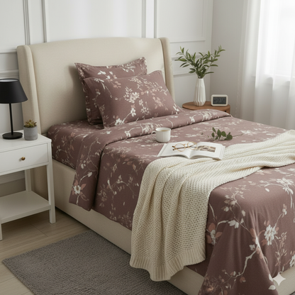 Blossom Tranquil Double Bedsheet Set – Mocha Floral Elegance