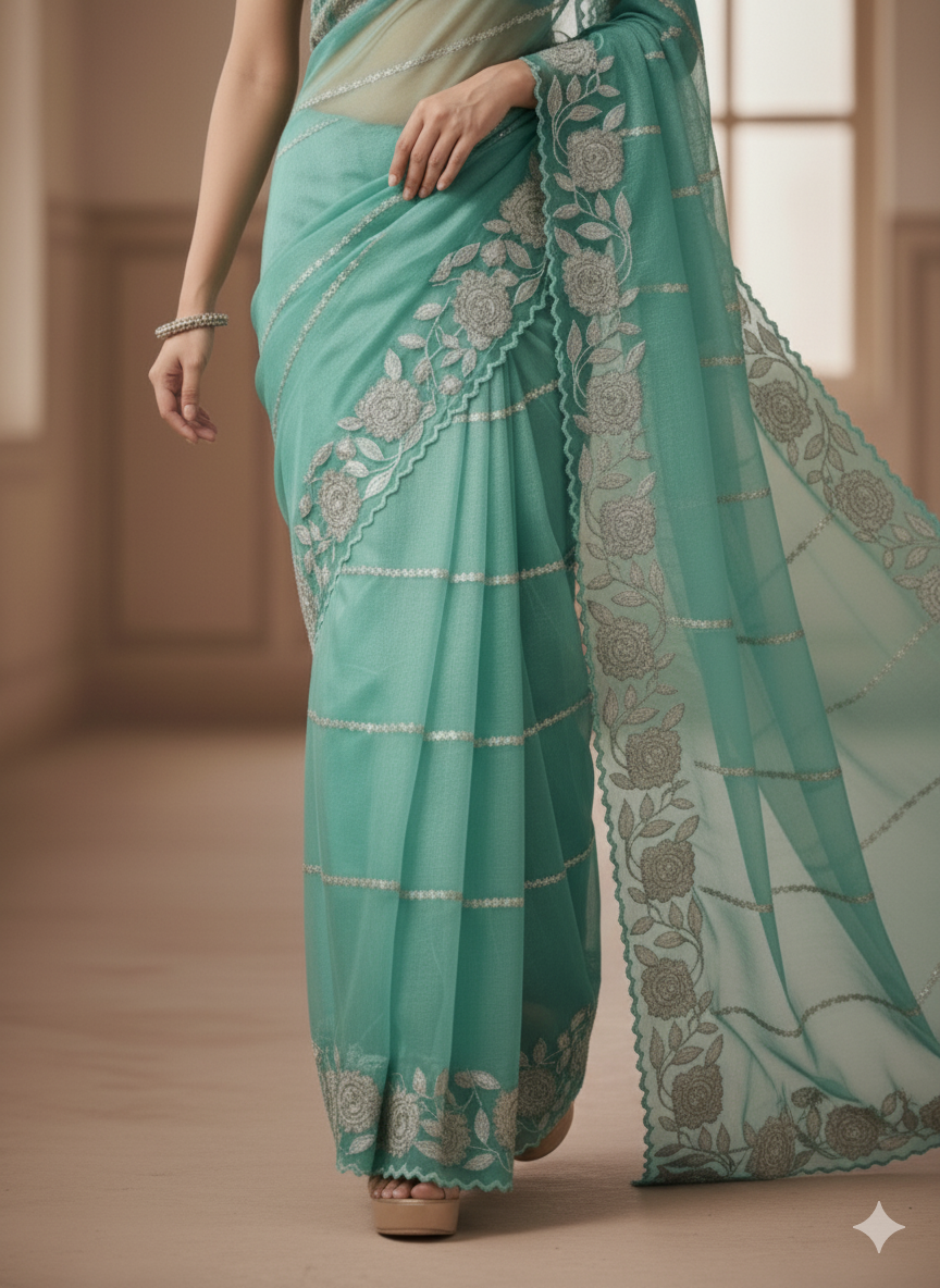 Ethereal Teal Organza Saree with Scalloped Floral Border