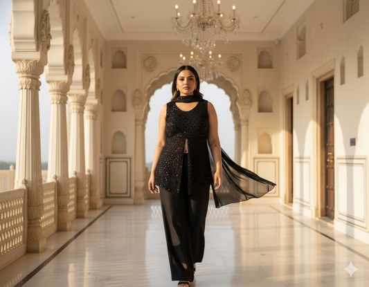 Black Sequin Sleeveless Kurta Set