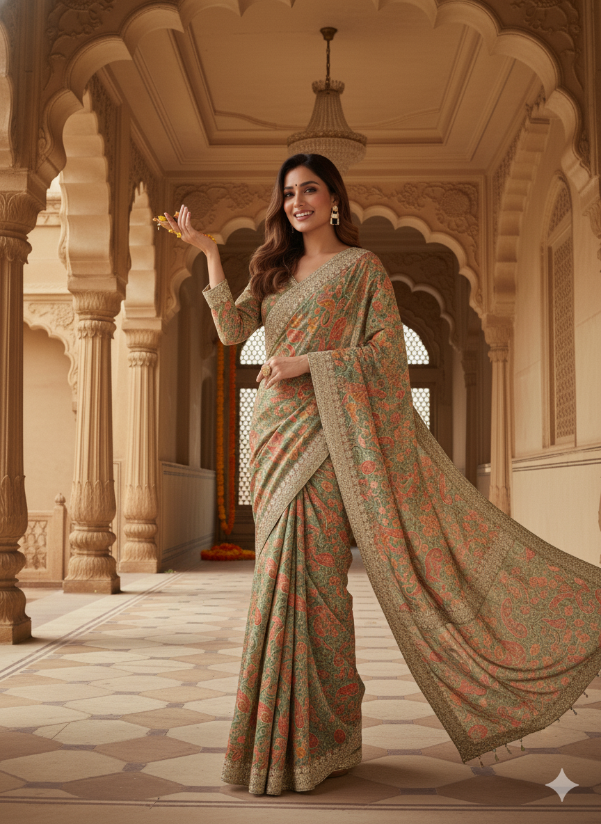 Regal Sage Green Floral- Paisley Saree