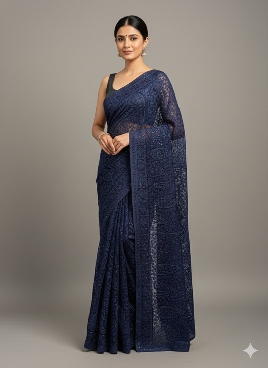Blue Zari Work Georgette Saree