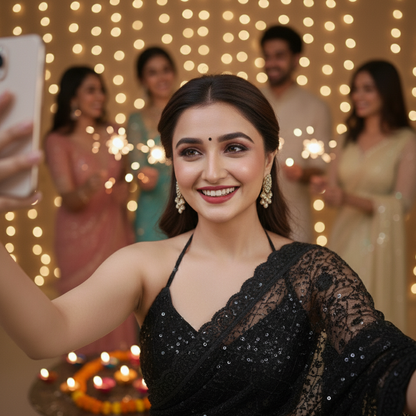 Black Net Saree With Floral Threadwork And Unstitched Blouse Piece