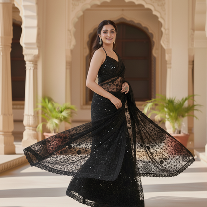 Black Net Saree With Floral Threadwork And Unstitched Blouse Piece