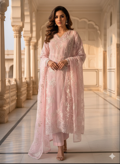 Blush Pink Threadwork Chanderi Kurta Set