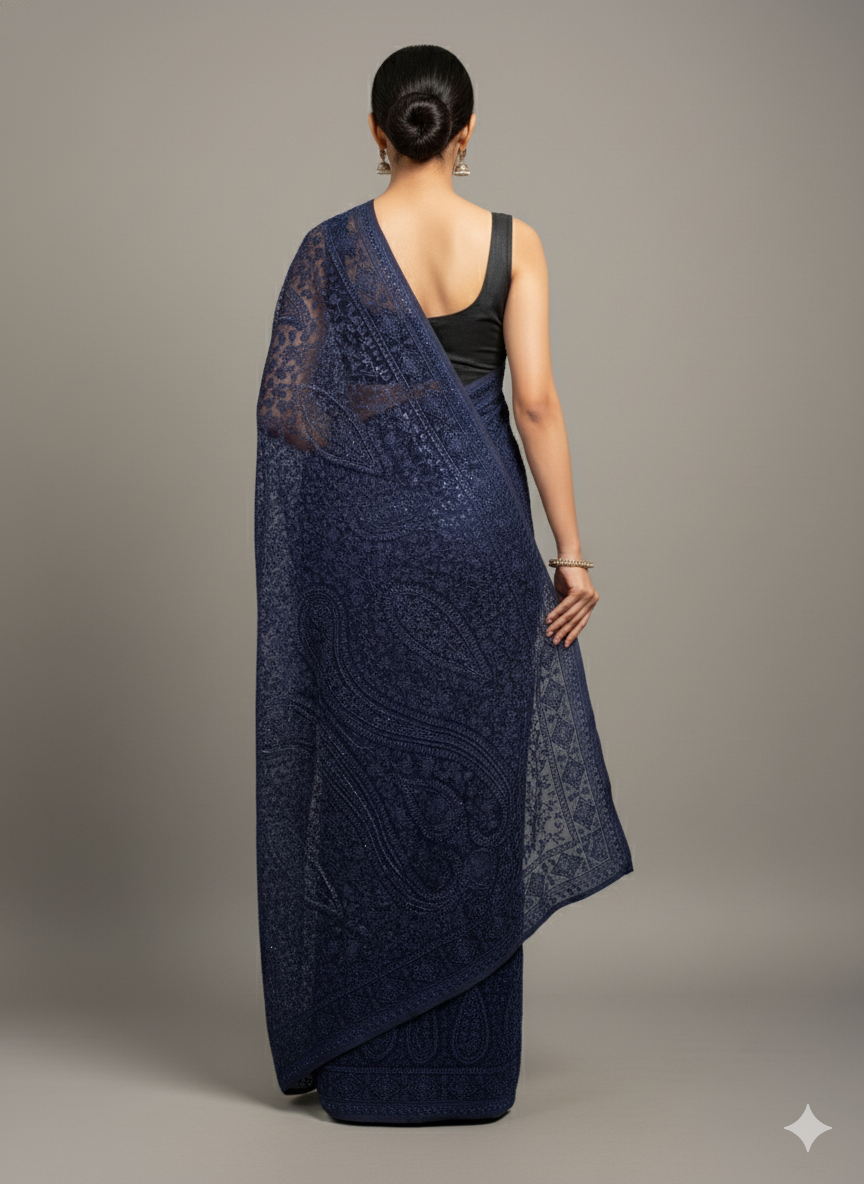 Blue Zari Work Georgette Saree
