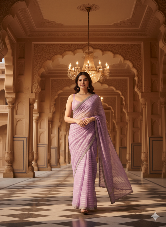 Shimmering Lavender Saree with Gold Stripes & Sequin Border