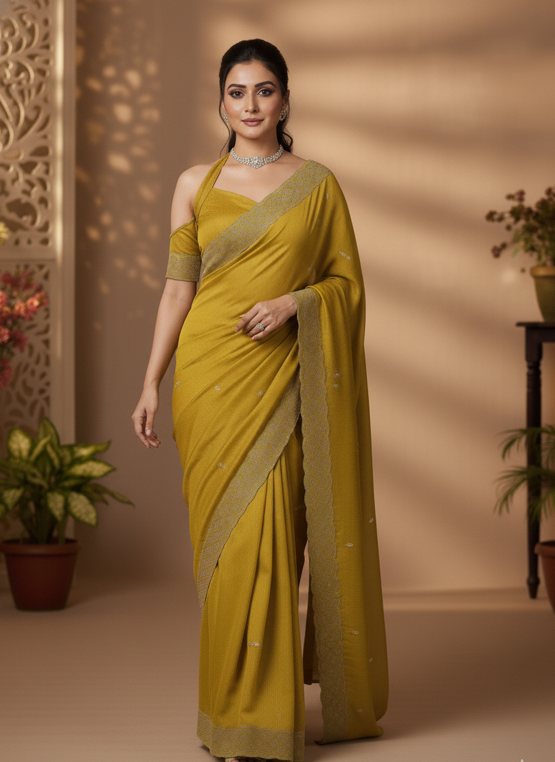 Elegant Golden Mustard Saree with Statement Embroidered Border