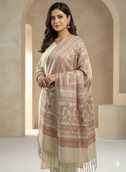 Blush Beige Kashmiri-Style Paisley Jacquard Shawl