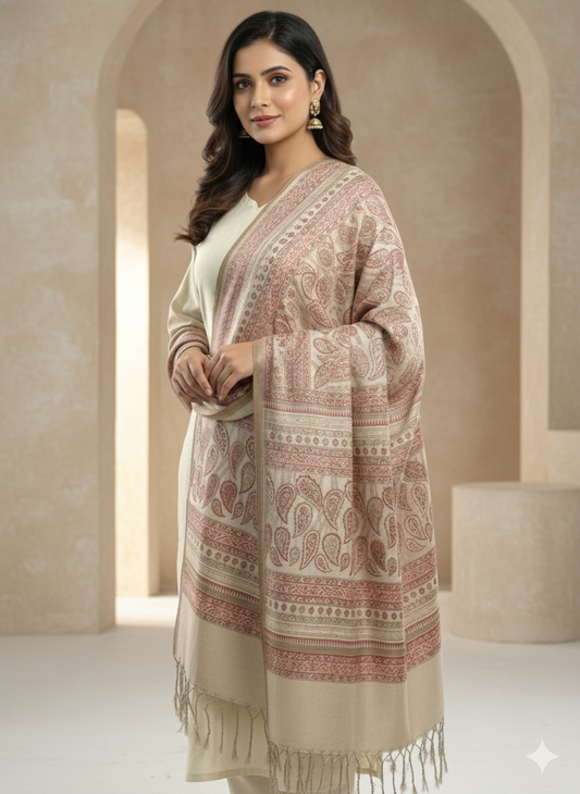 Blush Beige Kashmiri-Style Paisley Jacquard Shawl