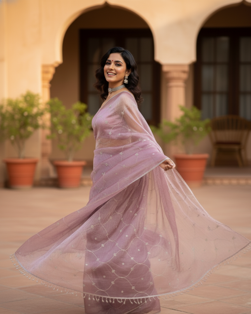 Mauve Bloom Embroidered Tissue Saree