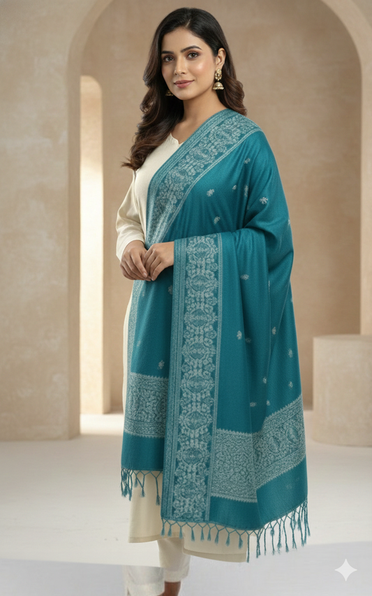 Teal Kashmiri-Style Heritage Border Shawl